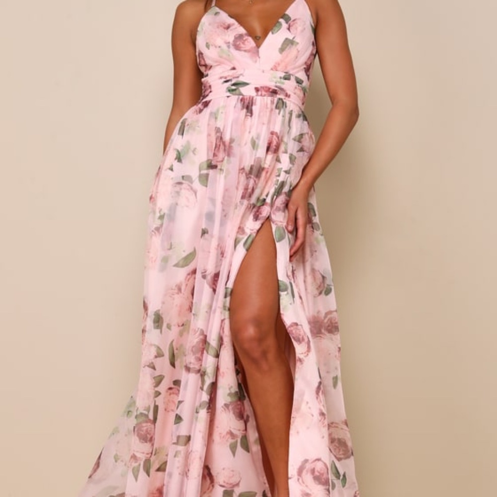 Lulus Romance That Wows Blush Floral Print Organza Maxi Dress Pink - Size L